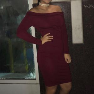 Burgundy Long Sleeve Off the Shoulder Dress